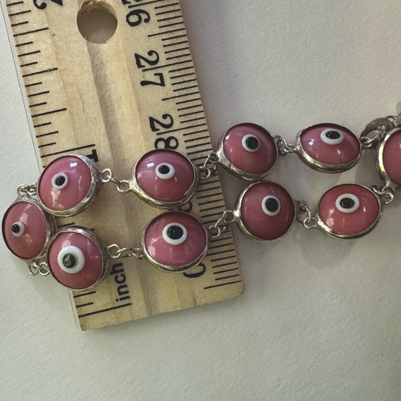 Vintage Handmade Pink Evil Eye Bracelet Solid 925 Sterling Silver - Picture 5 of 8